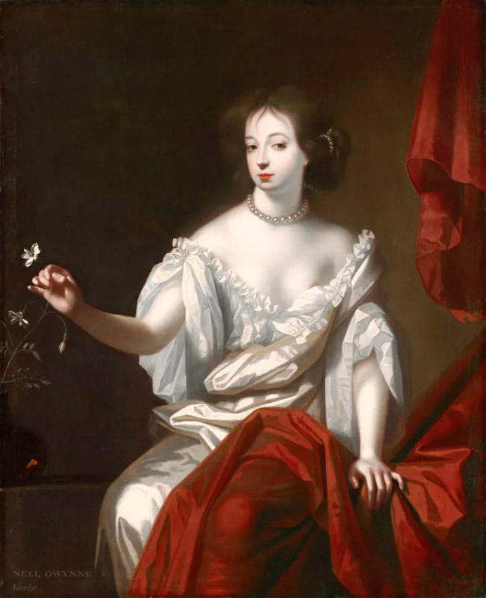Portrait of Nell Gwyn (1650-1687), mistress of Charles II of England
"In this portrait Nell is holding a six-petalled flower which has been identified as jasmine. As a flower painter, Verelst would have been familiar with jasmine’s structure and its traditional inclusion in portraits to signify the amiable nature of a sitter. Jasmine is well-known for its intoxicating scent, and this combined with its almost translucent petals and fragility, allows Verelst to play with the senses of sight, smell and touch, recognised devices characteristic of seventeenth-century Dutch painting."