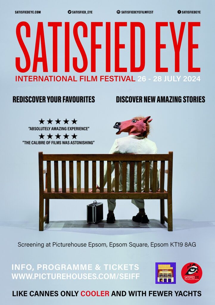 Poster for the SEIFF film festival featuring the details and a man with a horse's head sat on a bench
