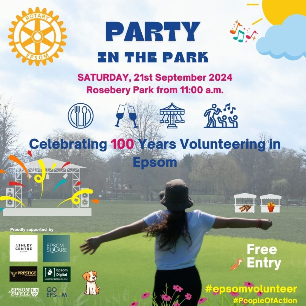 Picture of girl with arms outspread in a park with text giving details of party