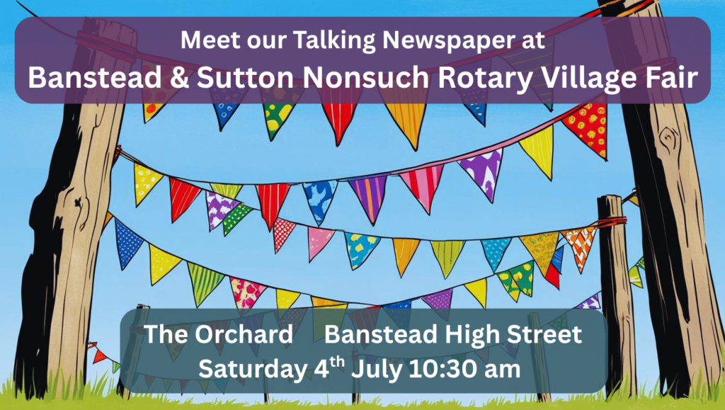 Colourful bunting above an announcement of the Banstead fair