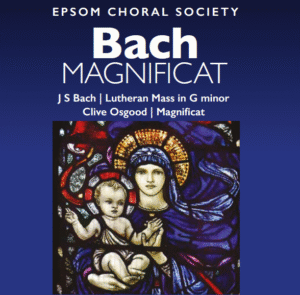 Bach Advert for Back Magnificat concert with stained glass window on a deep blue backgrount